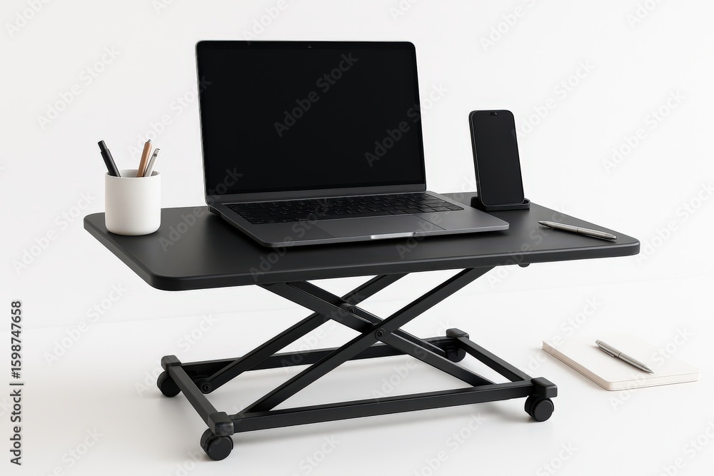 Poster minimalist desk setup showcasing a sleek laptop, smartphone and stationery elements emphasizing mode