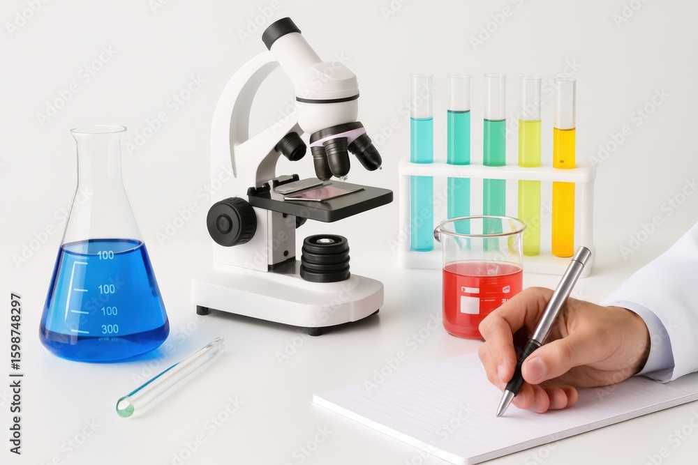 Aufkleber professional laboratory environment showcasing a microscope with colorful chemical solutions demonst