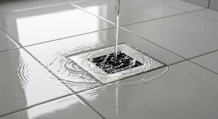 Water flowing into a drain on white tile floor