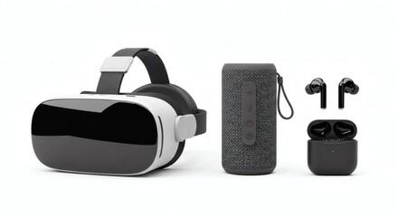 Isolated vr headset speaker and wireless earbuds on a white surface