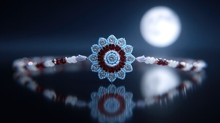 Detailed intricate beaded Raksha Bandhan rakhi talisman with ornate Hindu floral pattern reflecting on a dark glossy surface under a bright full moon at night.