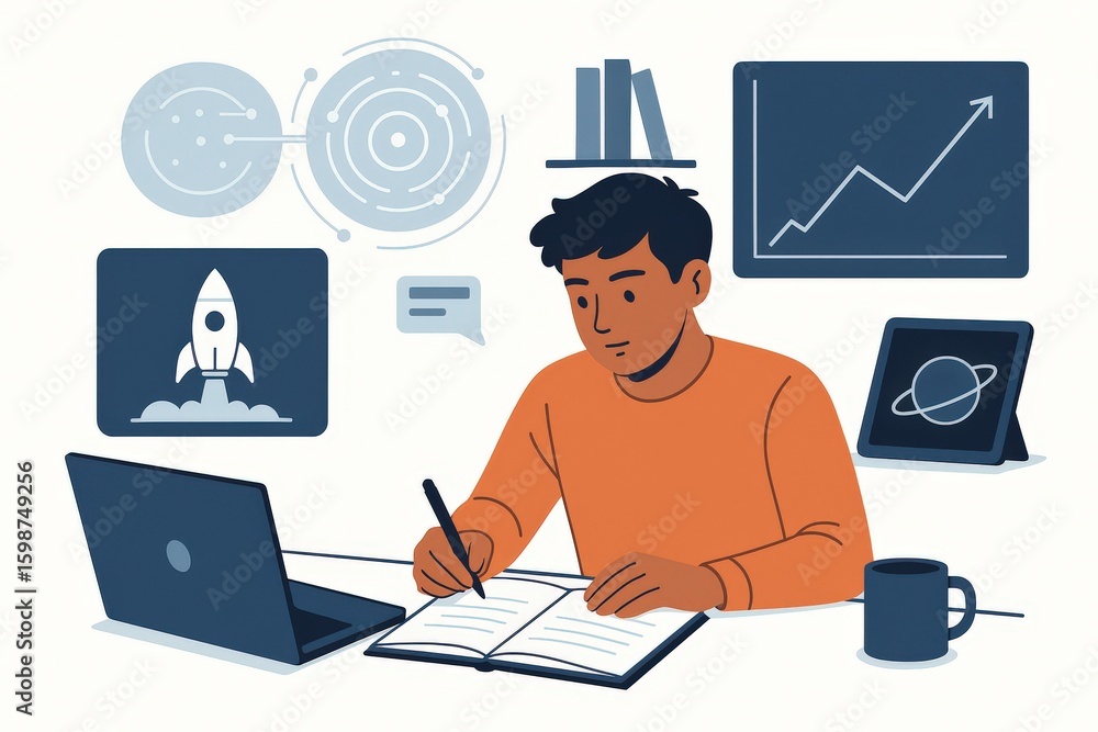 Poster thoughtful young man engaging in creative ideation while studying multi-dimensional concepts in mode