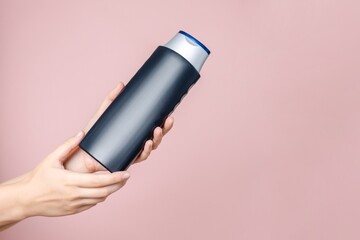 Woman's hand holding shampoo bottle on the solid pink background. Cosmetics product package, your brand, spa. Space for text