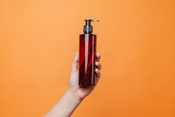 Elegant hand with blank bottle mockup isolated on solid orange background. Package for cosmetics product, your brand, spa, beauty and luxury. Space for text