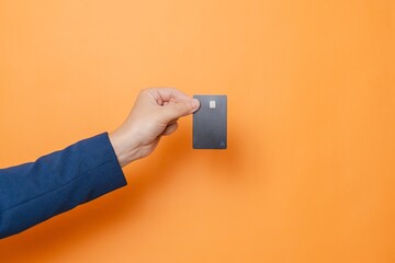 Businessman's hand holding blank credit card with online service for mockup on orange background. Modern way of banking and buying. Business, earning. Space for text