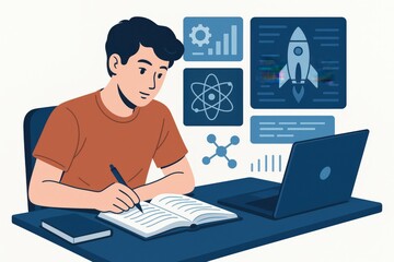 Focused young male student engaged in scientific research with digital analytics interface exploring innovative concepts and data visualization techniques for modern education