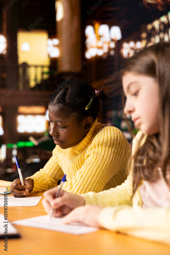 Poster diverse teens studying at a library table with textbooks and pens, immersed in school assignments fo