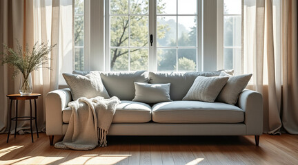 Elegant Living Room Interior with a Stylish Sofa and Natural Light from a Window