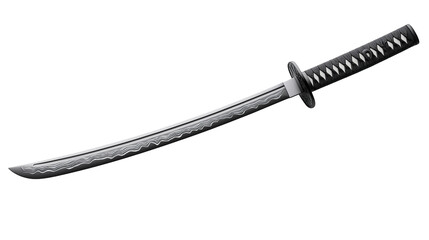 A sharp metal sword with a polished blade and detailed black hilt, isolated on a white or transparent png background.