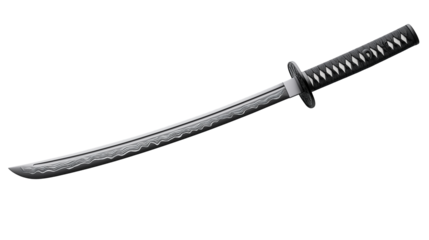 A sharp metal sword with a polished blade and detailed black hilt, isolated on a white or transparent png background.