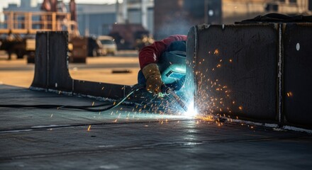 Welder working on metal; sparks fly