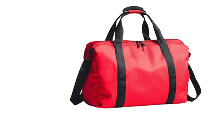 A stylish red leather handbag with a fashioned design and sleek finish, isolated on a white or transparent png  background.