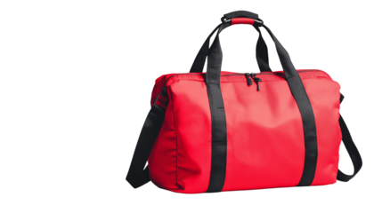 A stylish red leather handbag with a fashioned design and sleek finish, isolated on a white or transparent png  background.