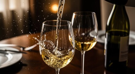 White wine being poured into a glass, splashing