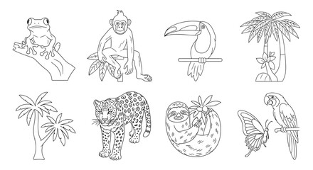 Outlined tropical wildlife featuring a frog, monkey, toucan, jaguar, sloth, and parrot, trees and butterfly