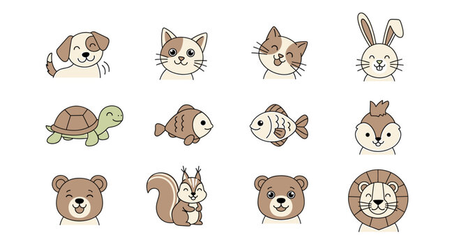 Collection of twelve cartoon animal faces including a dog cat rabbit turtle fish squirrel bear and lion