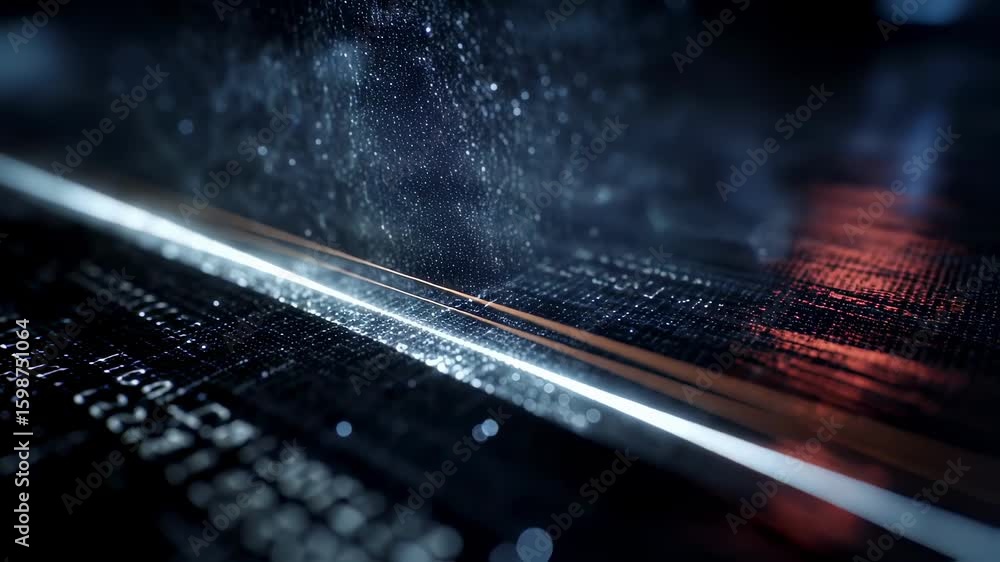 Poster lines of binary code on a dark surface are covered with small water droplets reflecting bright beams