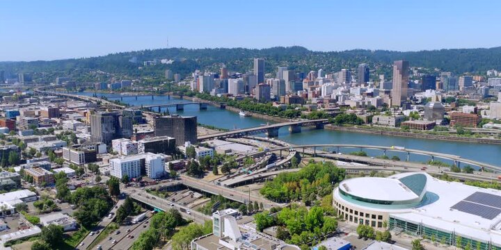 Portland Oregon - Aerial Establishing Shot of Portland Oregon Skyline with Highways and River - ProRes
