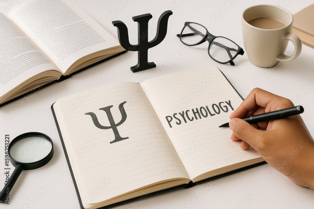 Poster engaging psychological concepts illustrated through an inviting workspace showcasing symbolic elemen