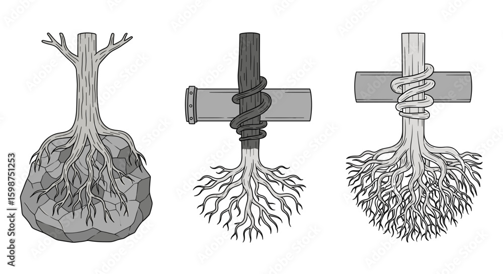 Poster three stylized trees with root systems and pipe elements in a conceptual illustration design