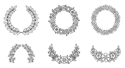 Obraz premium Collection of floral and leaf wreaths and arches in outline style for decoration and design projects use