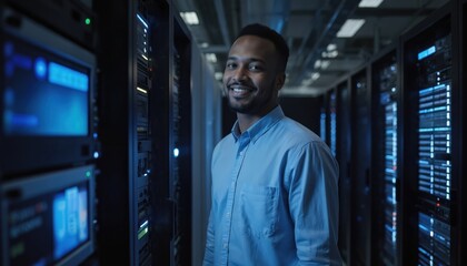 Man smiles in data center hallway between rows of server racks. IT specialist in blue shirt works with computer hardware maintenance. Network engineer checks system status in tech room.