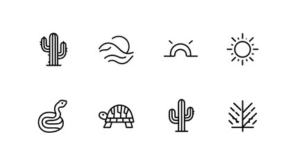 Collection of desert themed icons including cactus, waves, sunrise, sun, snake, turtle, and tree