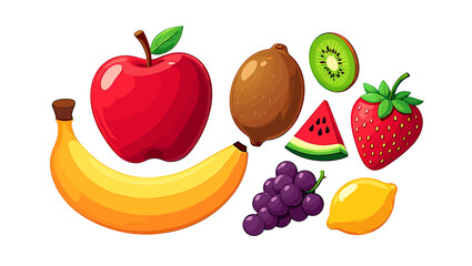 Assortment of colorful fresh fruits including apple banana kiwi grapes lemon strawberry and watermelon