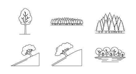 Illustration showing various tree and forest drawings in line art style on a plain presentation