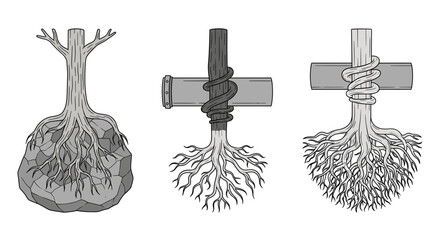 Three stylized trees with root systems and pipe elements in a conceptual illustration design