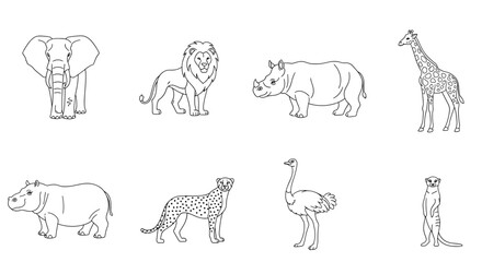 Outlined african wildlife animals including elephant lion rhino giraffe hippo cheetah ostrich meerkat