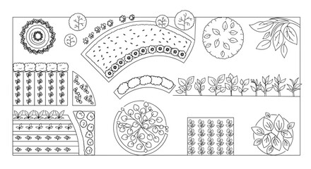 Overhead view of garden plan featuring various plants and trees in a detailed line drawing style layout