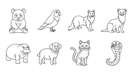 Outlined illustration featuring a collection of diverse animal species in a linear arrangement format