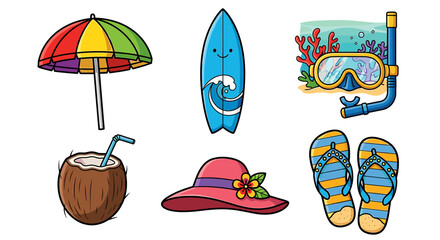 Assortment of beach themed items including a surfboard and a coconut drink for summer vacation fun