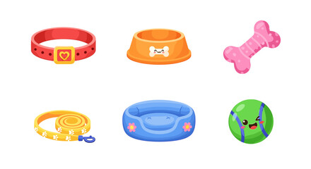 Depicts an array of pet accessories including collars, a bowl, bone, leash, bed, and a ball