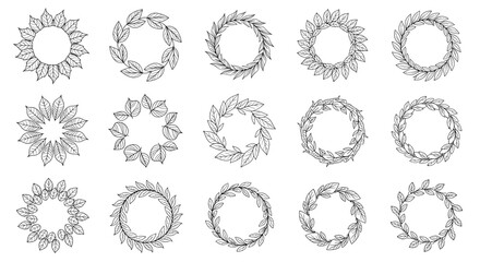 Collection of fifteen oval frames adorned with diverse leaf arrangements and botanical illustrations