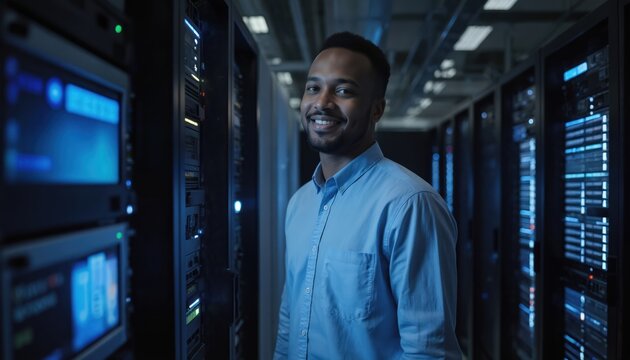 Man smiles in data center hallway between rows of server racks. IT specialist in blue shirt works with computer hardware maintenance. Network engineer checks system status in tech room. - Powered by Adobe