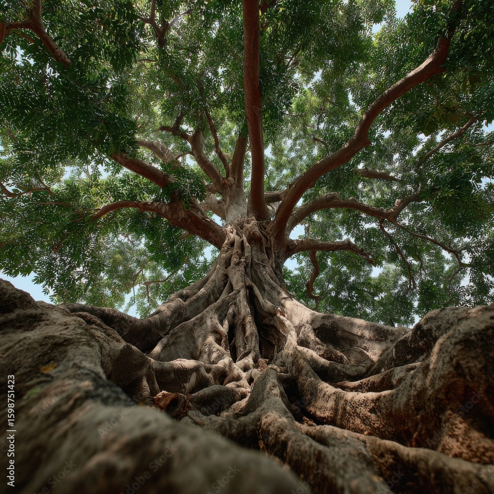 Poster the towering tree stands majestically with an extensive network of roots visible in the foreground. 