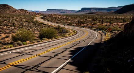 Winding road through desert landscape