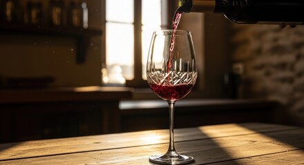 Wine being poured into a glass. Sunlight streams in