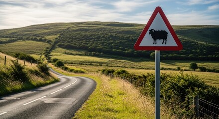Winding road through green hills, sheep warning sign