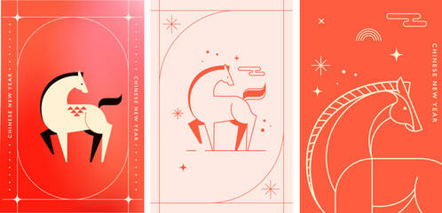 Chinese New Year vertical cards and banner. Modern red geometric illustrations for Lunar New Year 2026, Year of the Horse.