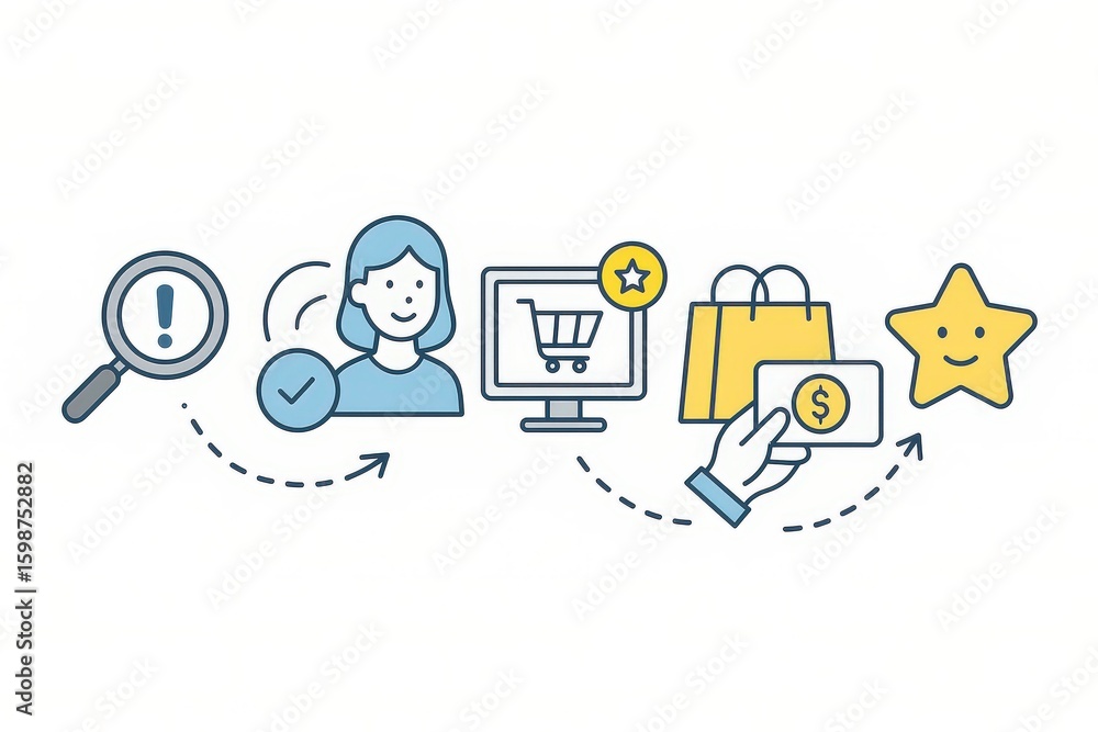 Poster seamless digital shopping experience represented through engaging icons illustrating user interactio