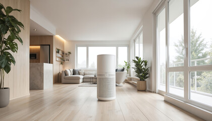 Modern apartment interior features sleek white air purifier. Spacious living area boasts bright natural light, wood floors, minimalist furniture, large windows with city views. Healthy, clean air