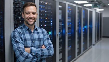 Smiling technician with crossed arms in data center. Blue plaid shirt, friendly demeanor. Expertise in server maintenance and IT infrastructure, conveying trust and dependability in modern technology.