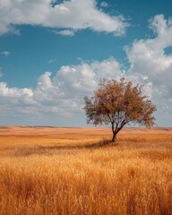 Fototapeta premium Lonely tree in a golden field under a blue sky