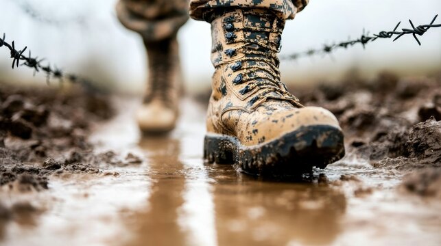 Soldier walks through muddy terrain near barbed wire in rainy conditions