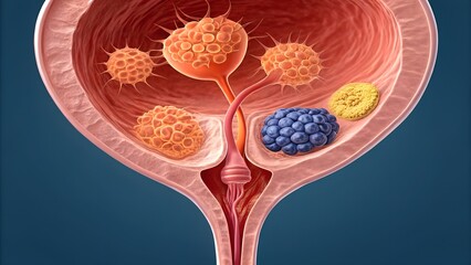 Conceptual 3D medical illustration of bladder cancer, depicting abnormal cell growth within the bladder lining — designed to highlight tumor development, disease progression, and urological anatomy in