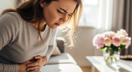 Woman in discomfort, holding her stomach