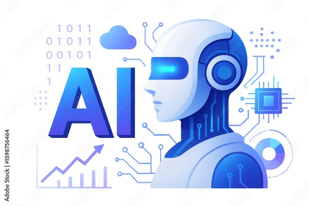 Poster ai technology in a futuristic context showcasing a blue robotic face designed with intricate circuit